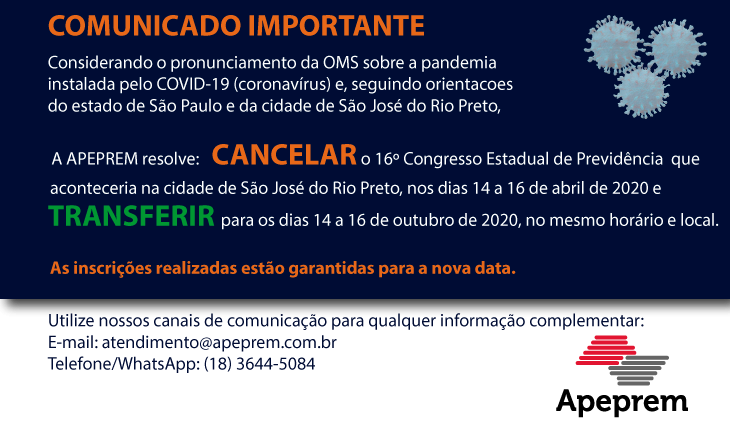 ATENÇÃO, nova data para o 16º Congresso Estadual de Previdência